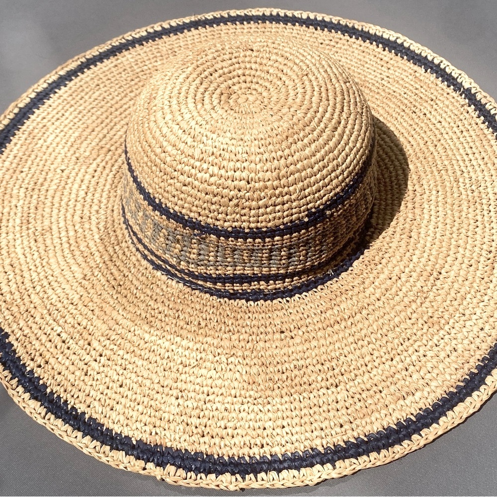 Anthropologie hand made raffia hat, wide brim, blue and light blue stripes